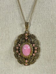 Vintage Western Germany Gilt Brass And Glass Filigree Pendant W Chain Necklace