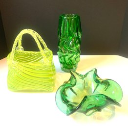 Three Piece Green Art Glass Group