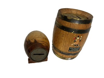 Pair Of Vintage Wooden Barrel Form Coin Banks