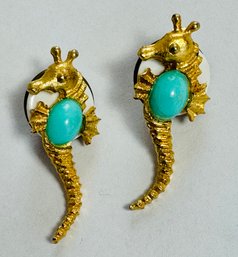 2 GOLD TONE FAUX TURQUOISE SEAHORSE PINS