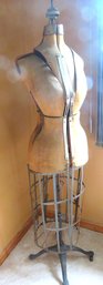 Antique Dress Mannequin Form With Metal Cage And Iron Base
