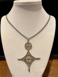 Silver Filigree Pendant On Link Necklace