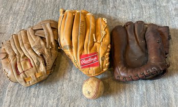 Trio Of Vintage Baseball Mitts ( Two Rauling) With Baseball