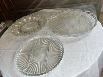 Trio Of Vintage Clear Glass Platters, Including Deviled Egg Plate