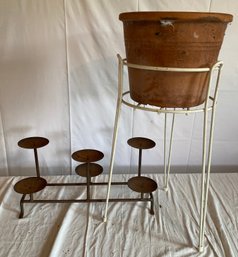 Terra Cotta Planter, Plant Stand, And Six Arm Metal Pricket Stick
