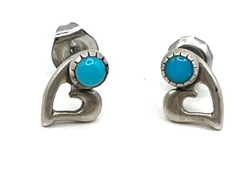 Vintage Sterling Silver Southwestern Turquoise Heart Stud Earrings