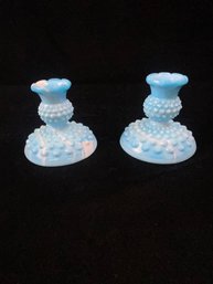 Hobnail Milk Glass Sky Blue Candlestick Holders