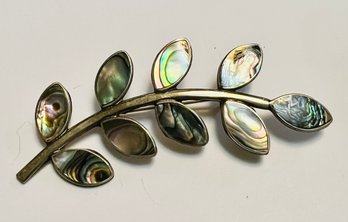 VINTAGE STERLING SILVER ABALONE SHELL LEAF FORM BROOCH