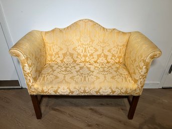 Camelback Settee In Yellow Damask Upholstery