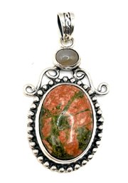 Amazing Vintage Sterling Silver Green Orange Jasper Unakite Ornate Pendant