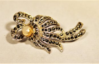 Vintage Rhodium Plated Faux Pearl Marcasite Brooch