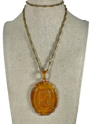 Vintage Germany Lucite Plastic Large Cameo Pedant Necklace Gold Tone