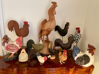 Collection Of Handcrafted Carved Wooden Chickens