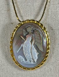 Carved Large Abalone Cameo Gold Tone Necklace Goddess Angel W Wings