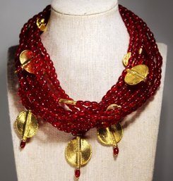 Designer Red Glass Beaded Necklace Having Gold Tone Accents