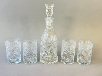 Polish Hand Cut Crystal Decanter With 4 Matching Glasses