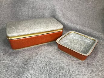 Two Pieces Vintage ROYAL COPENHAGEN Rust / Gray Crackle Glaze Covered Box & Matching Dish / Bowl - No Damage