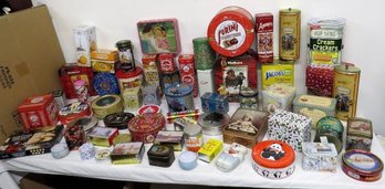 Ginormous Lot Of 65 Colorful Advertising Tins, Cookies, Teas, Candy, Kitchen & Bath, Etc. Colorful