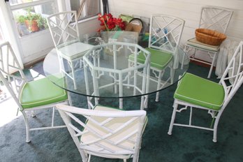 54 Inch Glass Top Table With 10 Chairs - Bamboo Shape Metal Painted White