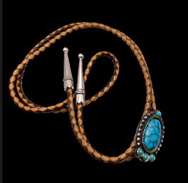 Vintage Genuine Leather Bolo Tie With Turquoise Stones