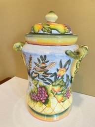 An Hand Decorated Ceramic Lidded Jar With Handles Made In Itay