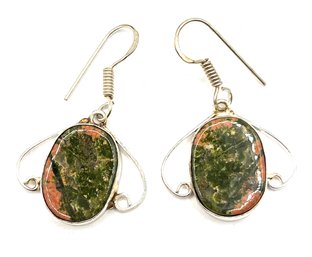 Vintage Sterling Silver Unakite Ornate Dangle Earrings