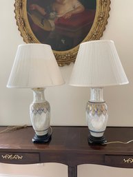 Pair Of Lusterware Oriental Style Table Lamps With Raised Decoration. 30' Tall