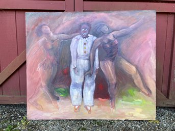 Clown With Two Ballerinas Oil Painting By Patti Hirsch, 3' 6' X 4' 2'