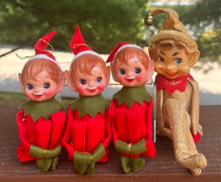 Lot Of 4 Vtg Christmas Pointy Ears Pixie Knee Hugger Elves 3 Red Measure 5' Gold Elf Measures 6' JAPAN