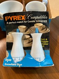 Pyrex Snowflake Blue Pattern Salt & Pepper Shakers *NIB*