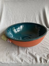 Lot 1 - Old Mill Pottery Hygiene, Colorado Terra Cotta Bowl Decorative Handles Teal Green Glaze 12x4