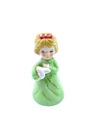 Vintage Ceramic Girl In Green Dress W/ Rabbit Bell