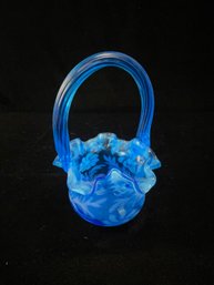 Fenton Sapphire Blue Fern And Daisy Opalescent Glass Basket