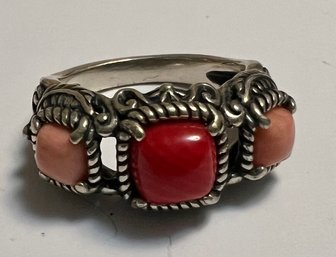 SOUTHWESTERN DESIGNER CAROLYN POLLACK STERLING SILVER RED CORAL MULTI STONE RING