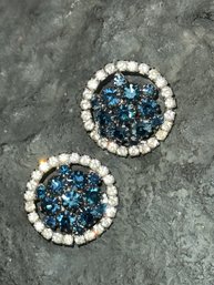 Stunning Vintage Sapphire And Clear Rhinestone Clip Earrings
