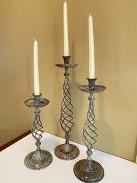 A Trio Of Hosley Solid Brass Spiral Candle Holders Made In India