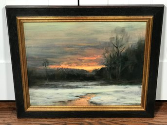 Wonderful Oil On Canvas Snowy Sunset Painting - River Road Gallery - Wilton,CT - Very Pretty Painting