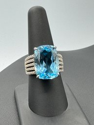 Massive Cushion Cut Blue Topaz Cocktail Ring In Sterling Silver