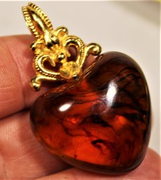 Gold Tone Lucite Amber Color Heart Pendant