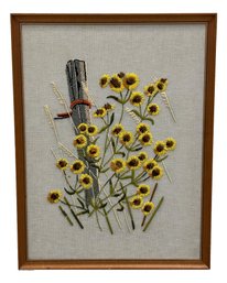 Vintage 1970s Framed Crewel Stitching Black-Eyed Susan Flowers