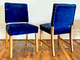 A Pair Of Modern Oak Side Chairs In Royal Blue Velvet With Nailhead Trim