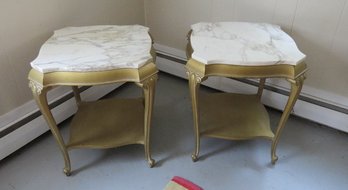 Matching Pair Of Marble Top Quatrefoil Shaped Side Or End Tables In Gold Gilt Finish