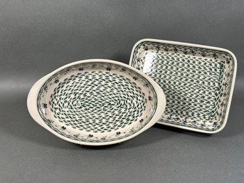 A Pretty Pair Of Polish Pottery Bakers, Woven Pansy Pattern