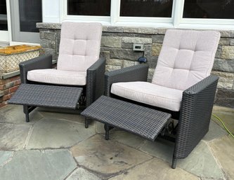 Pair Of Outdoor Woven Resin Recliners With Cushions