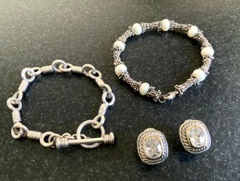 Sterling Silver Jewelry - Two Bracelets And A Pair Of Earrings