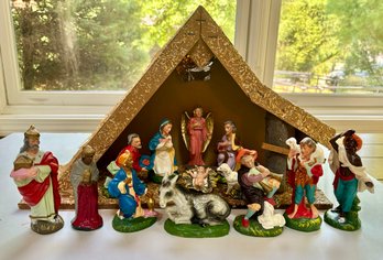 Vintage Nativity Set Creche Simple Wood Frame 'Star' Light Works Chalkware Figures Some Marked ( READ DESC)