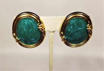 Pair Signed Designer 1980s Enamel And Gold Tone Earrings Ear Clips