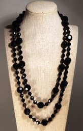 Black Jet Cut Glass Beaded Necklace Elongated 46' Long Necklace