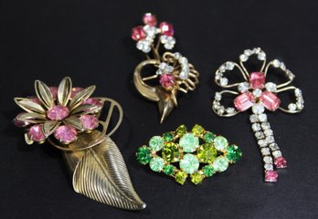 Lot Four Vintage Rhinestone Brooches One Signed SCITARELLI