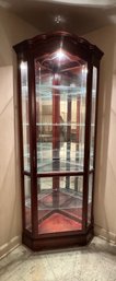 Howard Miller Collectors Illuminated Mahogany/ Glass Corner Curio Model #680-249, 2 Xtra Glass Shelves- Lot 2